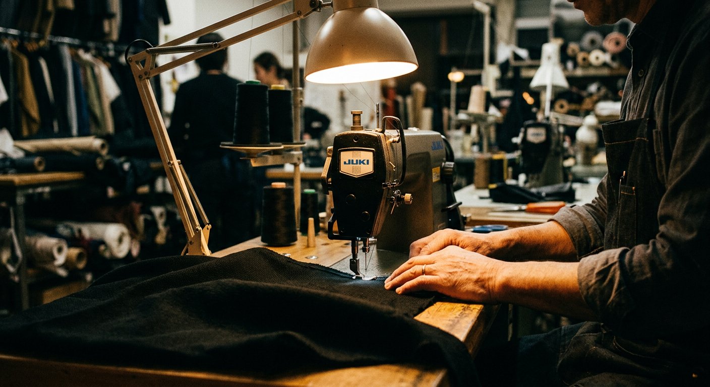 Atelier sewing machine stitching black fabric