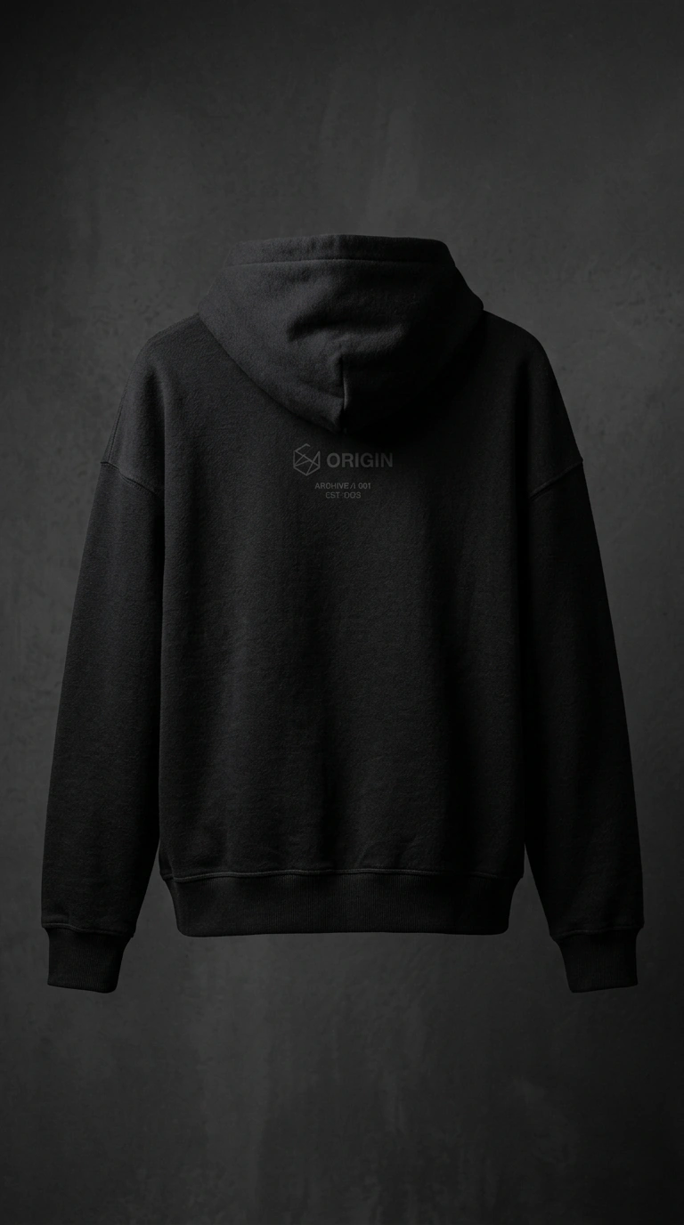 Heavyweight black hoodie, back view